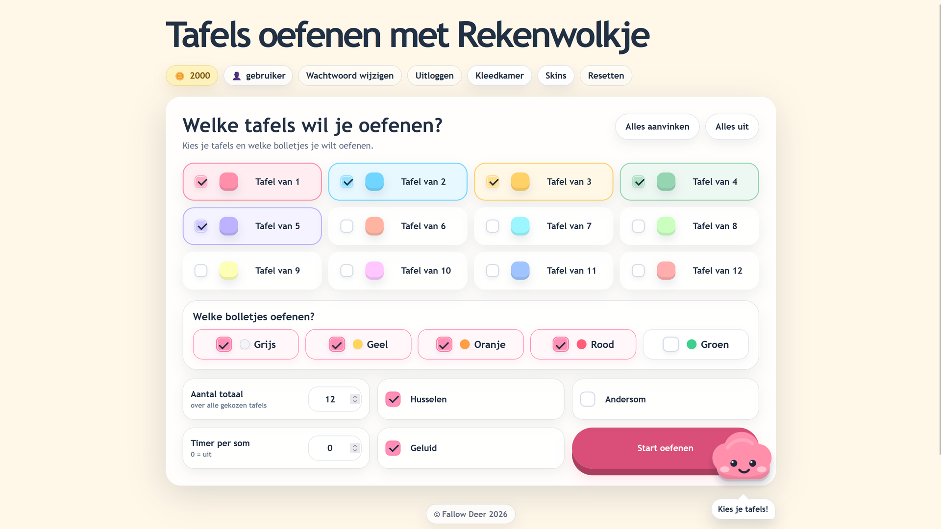 Screenshot van de Rekenwolkje startpagina met tafelkeuze, bolletjesfilters en startknop
