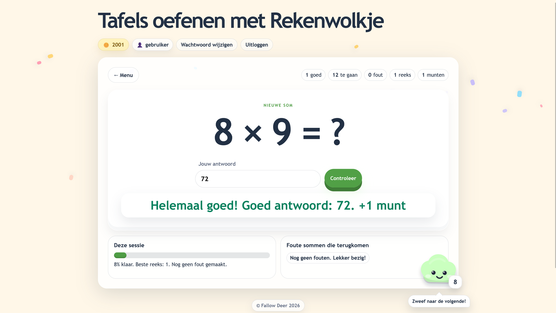 Screenshot van een oefensom in Rekenwolkje met timer, antwoordveld en feedback